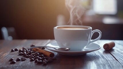 Steaming Cup of Coffee with Cinnamon and Beans on Wooden Table