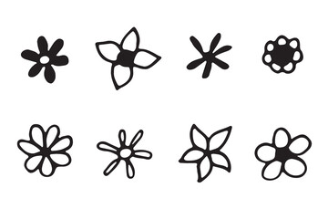 A set of black and white flower outlines with petals. Botanical isolated elements for design