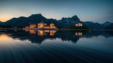 Obraz premium Buildings Reflected on Calm Lake at Dusk Surrounded by Mountains