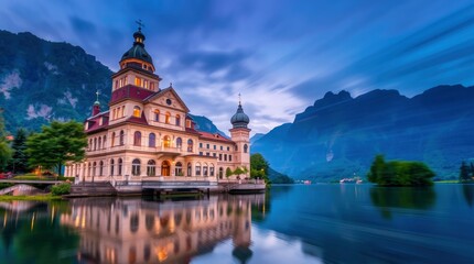 Obraz premium Idyllic Lakeside Castle Reflecting in Calm Water with Mountains at Dusk