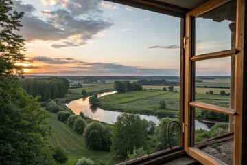 Fototapeta premium Serene Countryside Landscape at Sunset Viewed From an Open Window With Lush Greenery and a Winding River Generative AI