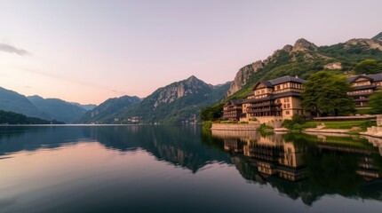 Obraz premium Calm Lake with Mountain Views and Lakeside Buildings at Dusk