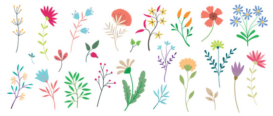 Collection of spring colorful flower elements vector. Hand drawn blossom illustration for decor, easter, thanksgiving, clipart.