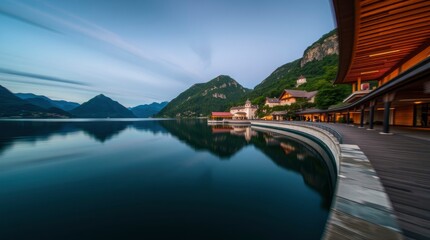 Calm Lake Reflecting Mountains and Architecture at Twilight Serene Water View