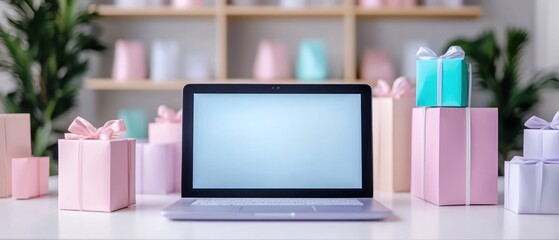 Online Shopping: Laptop with Gift Boxes