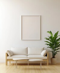 Minimalist living room mockup, blank poster, white couch, wooden floor, plant, interior design
