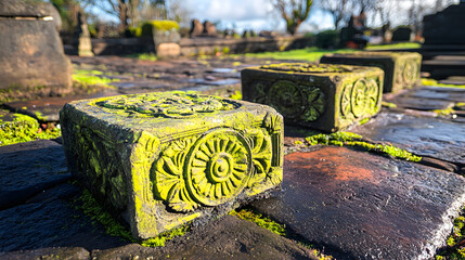 Serene cemetery scene featuring green block surrounded by symbolic structures and geometric designs evoking reflection and peaceful remembrance.
