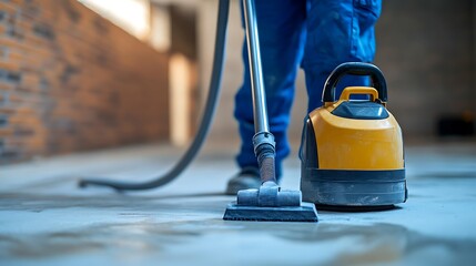 Construction Worker Vacuuming Debris on Site, A construction worker vacuuming debris on a concrete floor in a building site