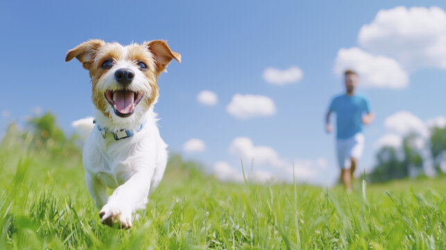 happy dog running joyfully in green field with person jogging nearby - Powered by Adobe