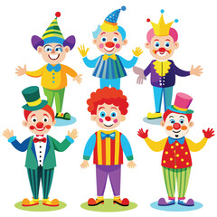 Fototapeta premium Cartoon Clowns Vector Illustration: Colorful Circus Clowns Group, Funny Clown Characters in Different Costumes and Hats for Kids Design
