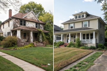 Obraz premium Renovation Transformation of a Suburban Home Showcasing Noticeable Before and After Changes in Appearance and Landscaping Generative AI