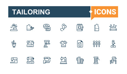 Tailoring icon set. Related to sew, knit, tailor, yarn, textile, knitting, needlework. Sewing modern icons. Simple icon designs. Solid line editable stroke. Vector illustration.