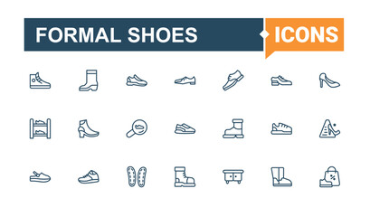 Set of Formal Shoes line icons. Pack of shoe, heel, style, lace, sport, wear and more. Shoe icons. Isolated icon.   Editable line and solid icon collections.