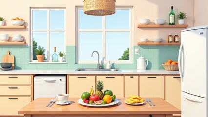 Bright coastal breeze kitchen interior with light pink walls, wooden cabinets, white refrigerator, and cozy wooden table with fresh fruit. Concept: inviting design of coastal breeze kitchen interior.