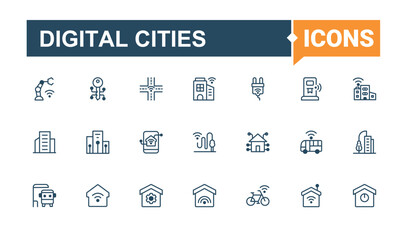 Digital Cities icon collection. Pack of building, urban, environment, transport, smart, internet, future. Smart Cities icon set. Flat icon. Vector illustration in modern line style.