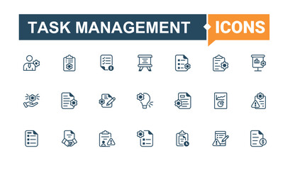 Task Management icon. It contains symbols to team, implementation, marketing, communication, set and more. Project Management icon pack. Icons for design. Vector outline and solid icons collection.