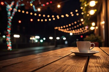 Bokeh Lights Illuminate Wooden Table With Coffee Cup During Cozy Evening Ambience Generative AI