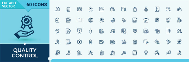 Set of Quality Control line icons. Containing certification, product, standard, certificate, inspect and more. Outline icon collection. List icon collection. Vector line and solid icons.