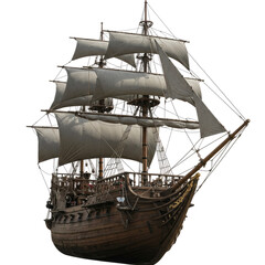 Naklejka premium Ancient sailing ship with full sails, historic wooden galleon isolated, maritime history and naval exploration theme, vintage vessel navigation concept