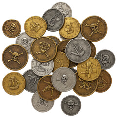 Pirate Treasure Coins Collection, Gold and Silver Gaming Tokens with Skull and Ship Designs, Fantasy Role-Playing Game Currency and Party Decorations