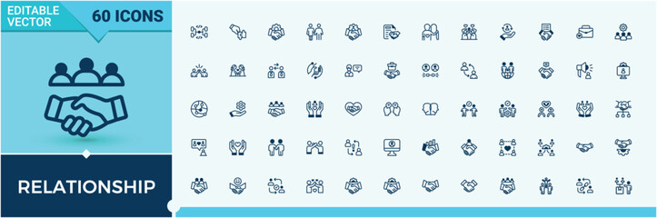 Relationship icon set. Containing handshake, relations, partnership, cooperation, hand and more. Set of line pictogram. Friendship solid mix icon set. Trendy minimal icons.