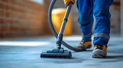 Construction Worker Vacuuming Debris on Site, A construction worker vacuuming debris on a concrete floor in a building site