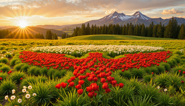 Eagle-shaped tulip field under golden sunset, powerful symbolism
