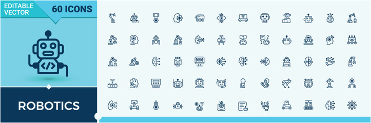 Robotics line icons set. Contains related to bot, machine, tech, technology, intelligence, science, artificial, ai, robot and more. Isolated symbol. Auto icon set. Modern icons collections.