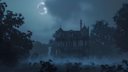 A creepy old house is surrounded by trees and fog