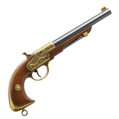 Antique Percussion Cap Pistol, Ornate Brass Details and Wooden Handle, Historical Firearm Collection, Military and Western Memorabilia