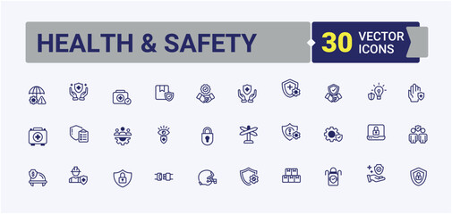 Health & Safety icons set. Contains such icon as protect, safe, lock, protection and more. Safety icon collection. Flat symbol.  editable stroke. Vector line and solid icons.