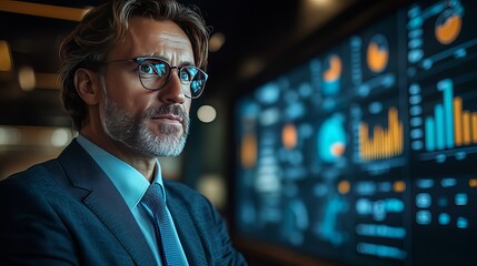 Corporate Advisor Analyzing Key Performance Indicators in a Confidential Briefing Room