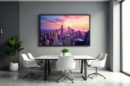 Sleek, framed cityscape print, clean lines, professional conference room backdrop, office, decor