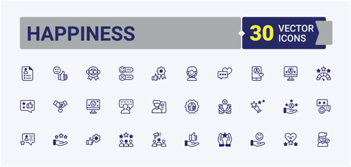 Happiness linear icon collection. Contains outline symbols like happy, positive, experience, testimonial, feedback, like and more. Satisfaction icon collection. Editable vector icon and illustration.