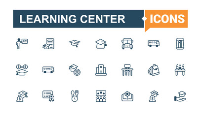 Learning Center icon collection. Included university, paint, book, knowledge, school, learn and more. School vector line icon set. Line symbol. Solid line editable stroke. Vector illustration.
