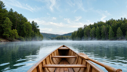 Obraz premium Serene wooden canoe on misty lake at dawn, nature's tranquility
