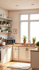 Elegant chef's atelier features bright kitchen with white cabinets, wooden countertops, large window. Concept emphasizes elegant chef's atelier, simplicity, natural beauty in interior design.