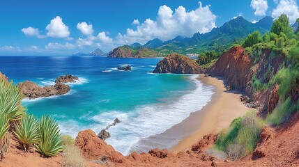 Fototapeta premium Secluded Beach Cove Nestled Among Majestic Mountains