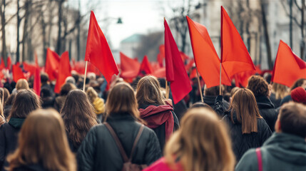 Crowd of protesters with red flags marching in urban setting. Mass demonstration with people carrying socialist symbols, showing collective action and political activism with powerful visual impact.