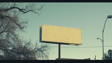 Blank Billboard Beside Bare Tree and Street Light Against Blue Sky