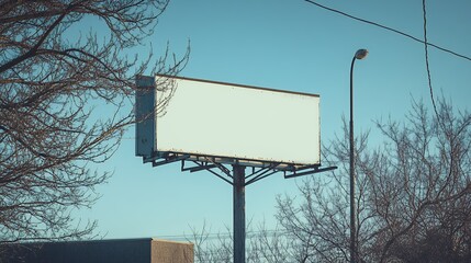 Billboard Standing Tall Under Blue Sky with Bare Branches in Winter