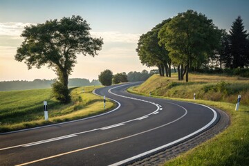Fototapeta premium Curved Road With White Markings Surrounded by Lush Greenery in a Serene Natural Setting During the Early Morning Generative AI