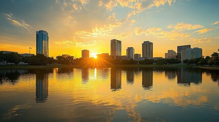 Panoramic View of City Skyline at Sunset with Reflections in Water