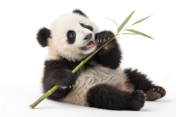 Obraz premium Cute Panda Bear Cub Sitting Against a White Background Enjoying Bamboo in a Playful and Adorable Manner Generative AI
