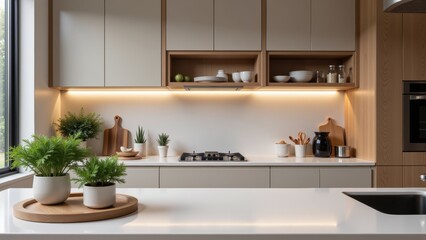 Elegant chef's atelier showcases modern kitchen with minimalist design. Concept: elegant chef's atelier emphasizes cozy atmosphere with natural light and stylish décor. 