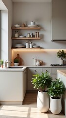 Elegant chef's atelier features modern minimalist kitchen with light walls, wooden shelves, plants. Concept emphasizes elegant chef's atelier showcasing sleek, serene interior design.