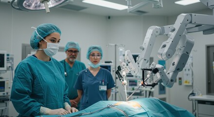 Surgeons and assistants work with robotic equipment in a sterile operating room setting