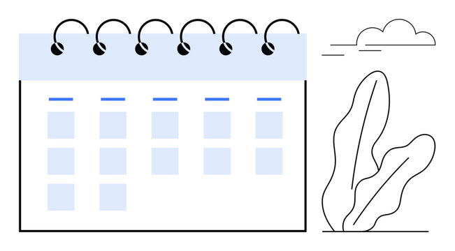 Desk calendar with spiral binding and blank squares for marking dates, alongside abstract plants and a cloud. Ideal for planning, scheduling, time management, productivity, task organization, events