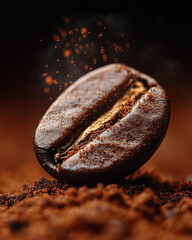 Macro photograph of a freshly ground coffee bean