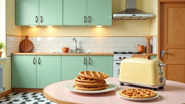 Bright, modern kitchen showcases vibrant pastel colors and checkered floor, reflecting retro culinary revival. Concept emphasizes warmth, inviting energy, and retro culinary revival through food.